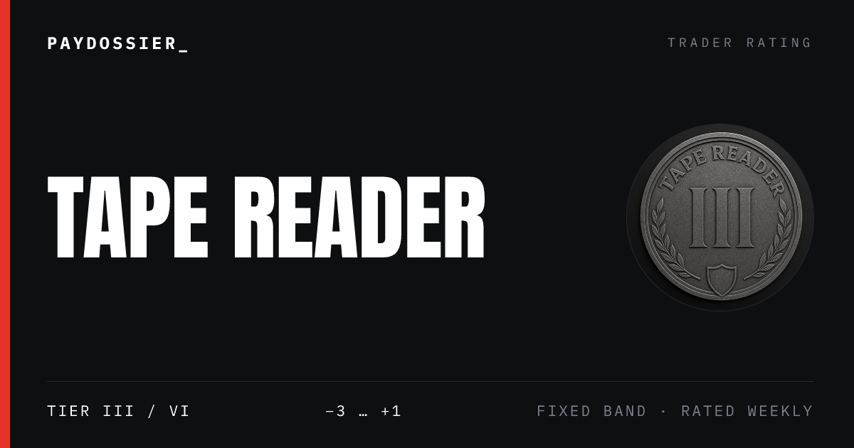 TAPE READER tier card — −3 … +1